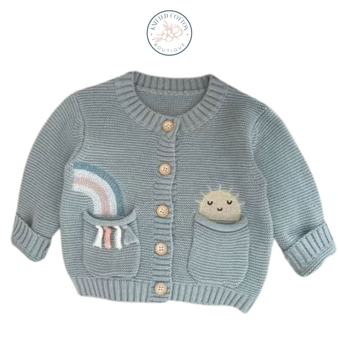 Rainbow Pocket Cardigan – Hand-Knitted Cotton for Babies