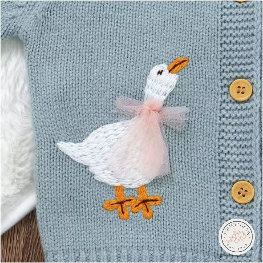 Goose Embroidery Cardigan – Hand-Knitted Cotton for Babies
