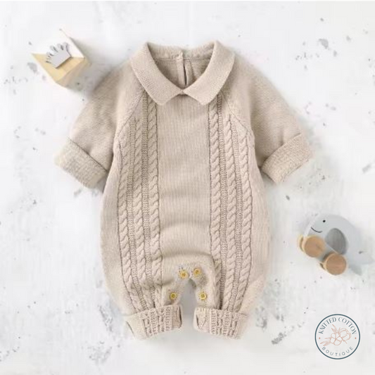 Classic Cable Knit Romper – Hand-Knitted Cotton for Babies