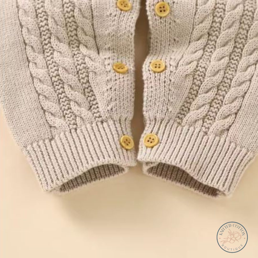 Classic Cable Knit Romper – Hand-Knitted Cotton for Babies