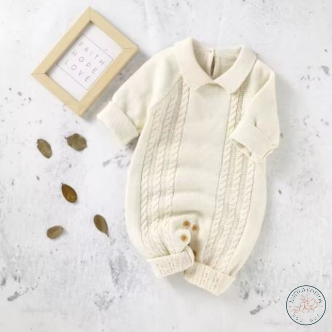 Classic Cable Knit Romper – Hand-Knitted Cotton for Babies