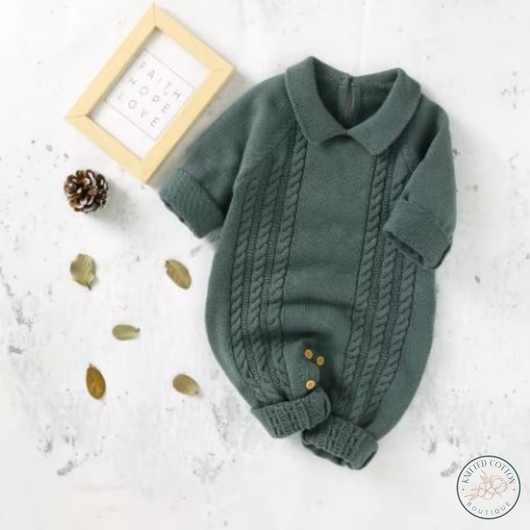 Classic Cable Knit Romper – Hand-Knitted Cotton for Babies