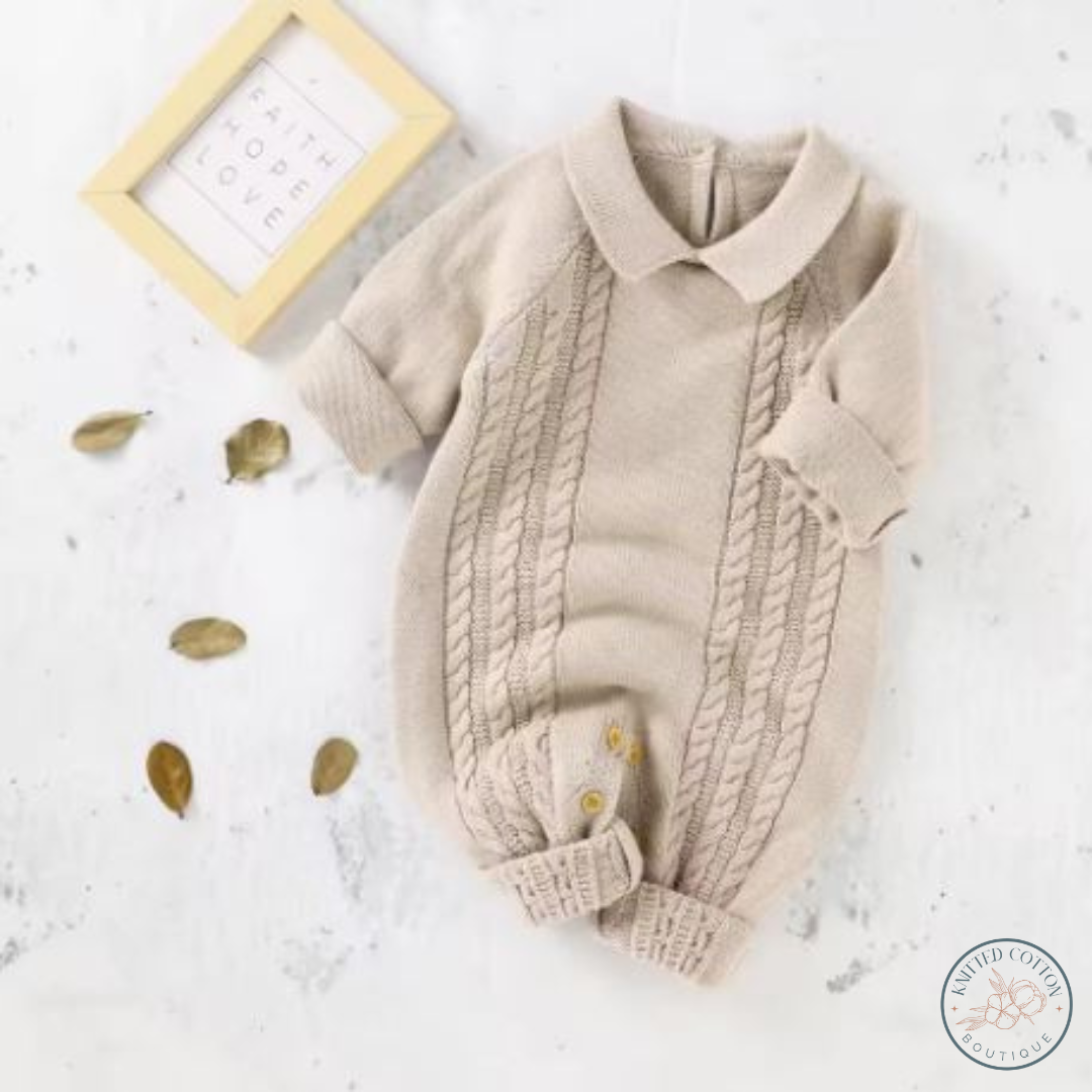 Classic Cable Knit Romper – Hand-Knitted Cotton for Babies