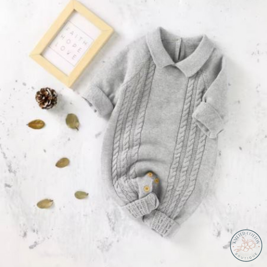 Classic Cable Knit Romper – Hand-Knitted Cotton for Babies