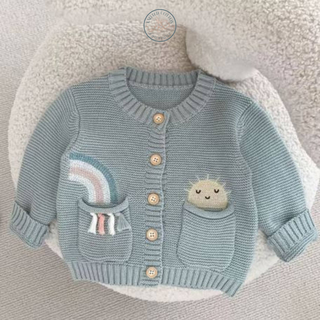 Rainbow Pocket Cardigan – Hand-Knitted Cotton for Babies