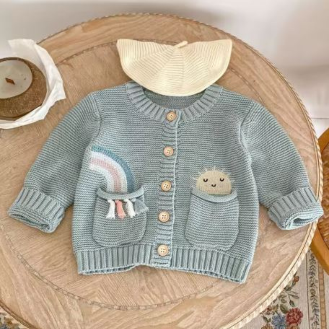 Rainbow Pocket Cardigan – Hand-Knitted Cotton for Babies