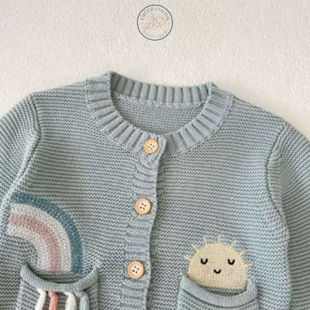 Rainbow Pocket Cardigan – Hand-Knitted Cotton for Babies