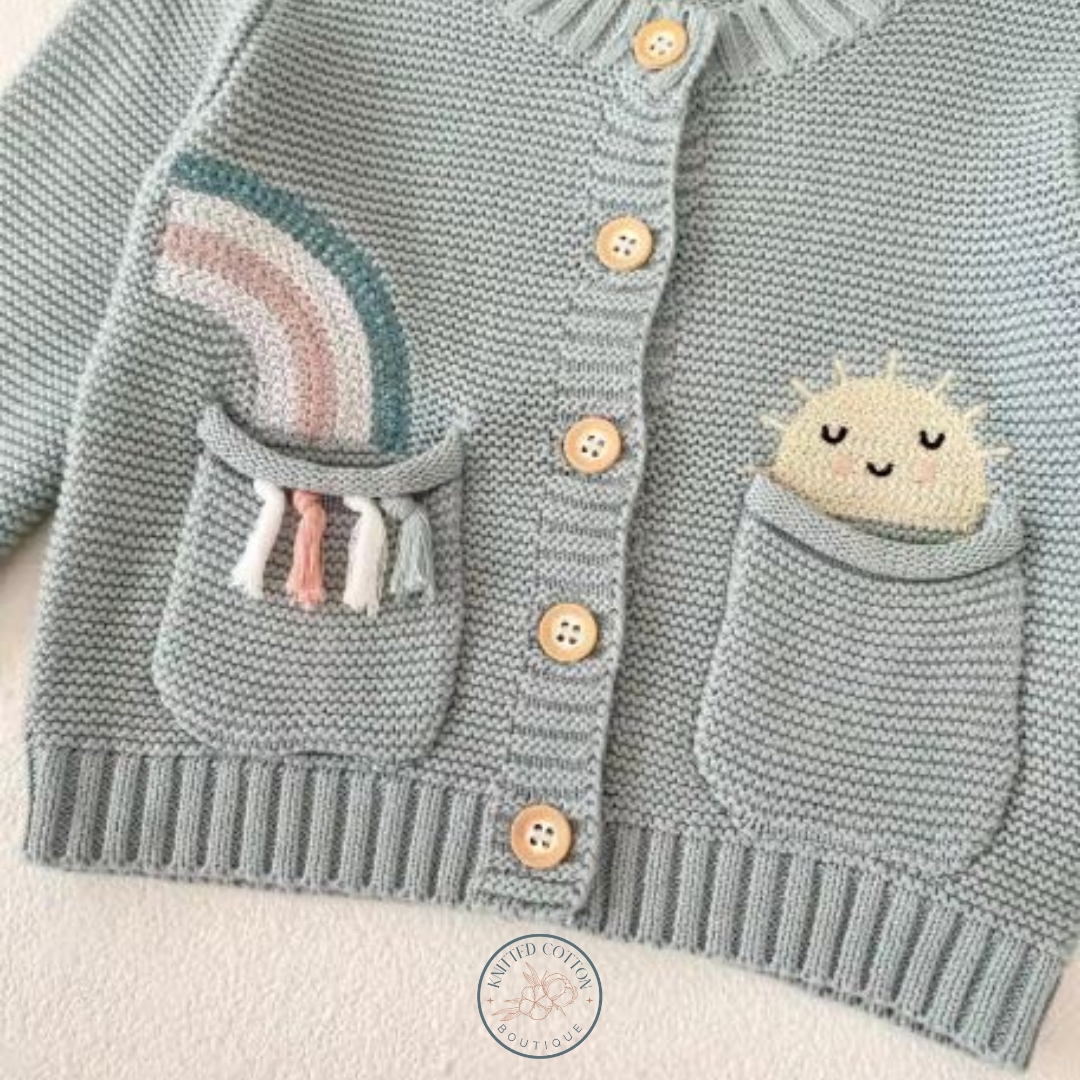 Rainbow Pocket Cardigan – Hand-Knitted Cotton for Babies