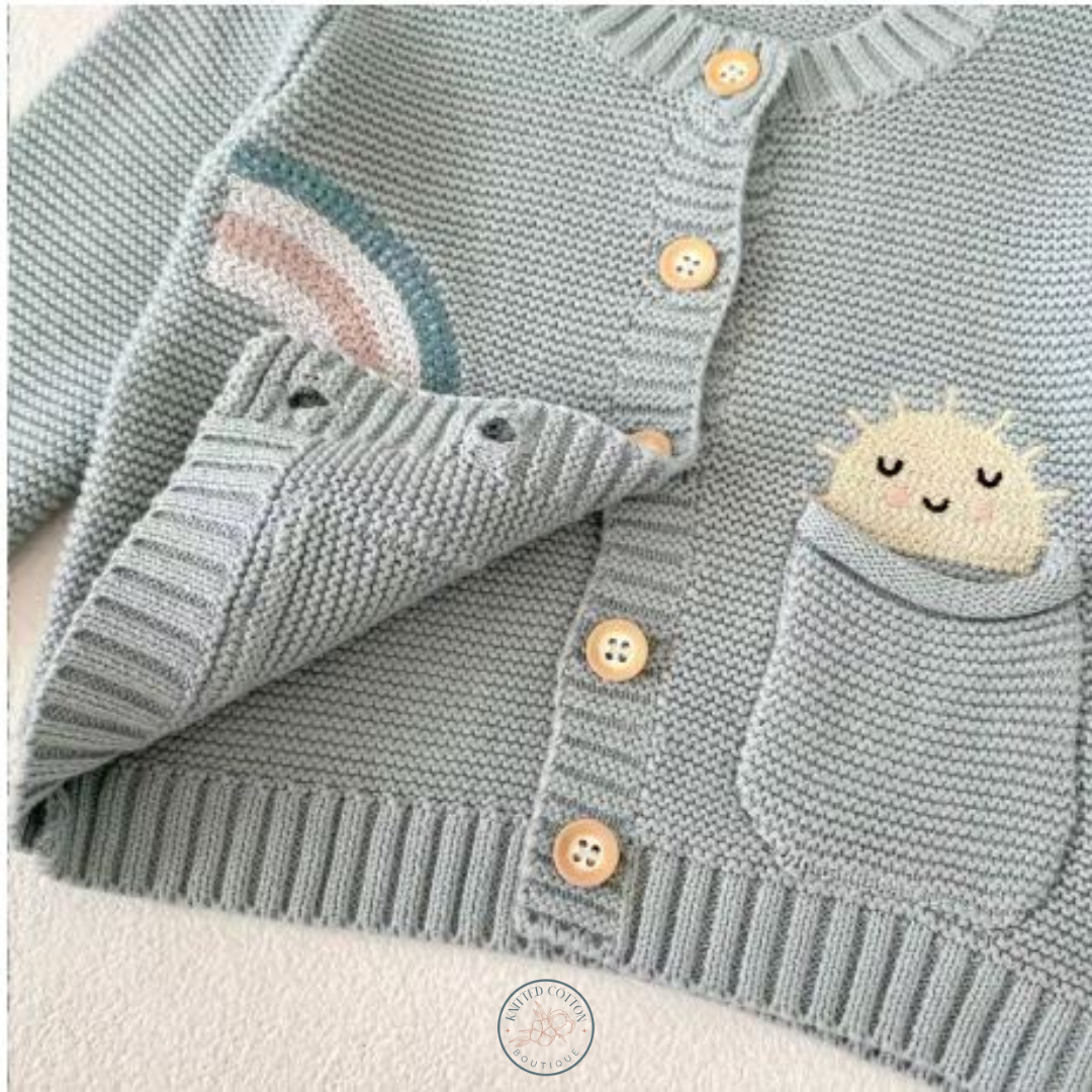Rainbow Pocket Cardigan – Hand-Knitted Cotton for Babies