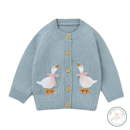 Goose Embroidery Cardigan – Hand-Knitted Cotton for Babies